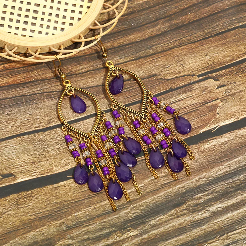 Bohemian Antique Gold Color Long Water Drop Tassel Earrings for Women Vintage Colorful Geometric Drop Dangle Earrings Jewelry