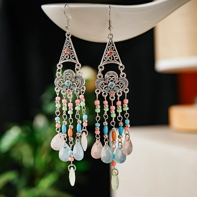 Bohemian Antique Gold Color Long Water Drop Tassel Earrings for Women Vintage Colorful Geometric Drop Dangle Earrings Jewelry