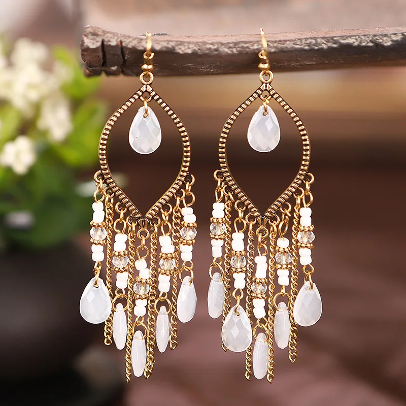 Bohemian Antique Gold Color Long Water Drop Tassel Earrings for Women Vintage Colorful Geometric Drop Dangle Earrings Jewelry