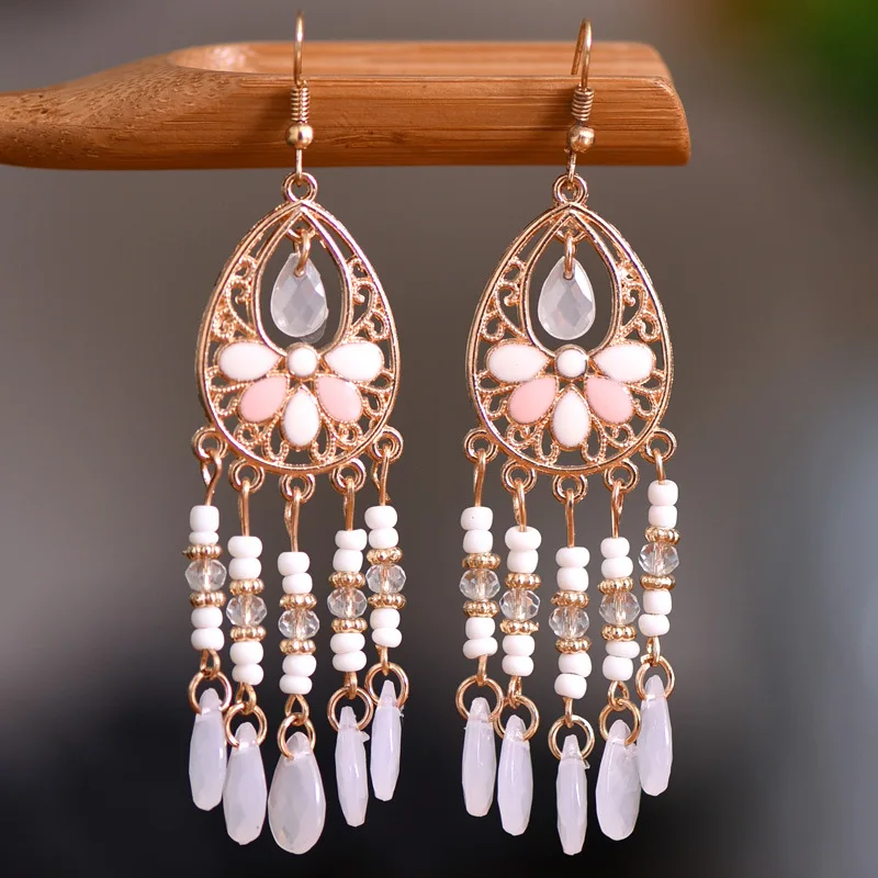 Bohemian Antique Gold Color Long Water Drop Tassel Earrings for Women Vintage Colorful Geometric Drop Dangle Earrings Jewelry