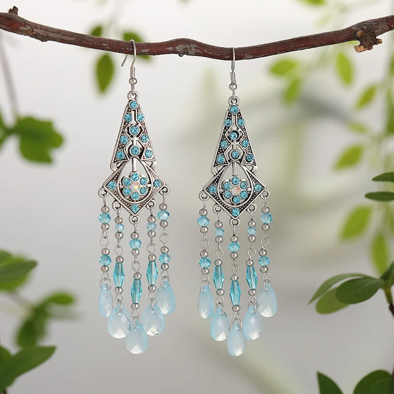 Bohemian Antique Gold Color Long Water Drop Tassel Earrings for Women Vintage Colorful Geometric Drop Dangle Earrings Jewelry