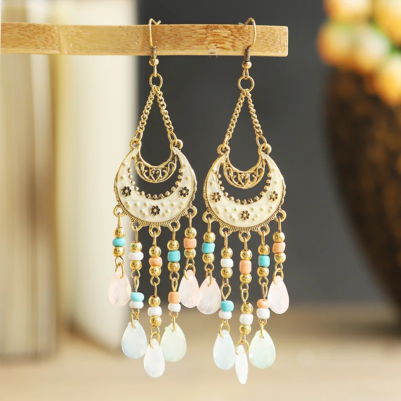 Bohemian Antique Gold Color Long Water Drop Tassel Earrings for Women Vintage Colorful Geometric Drop Dangle Earrings Jewelry