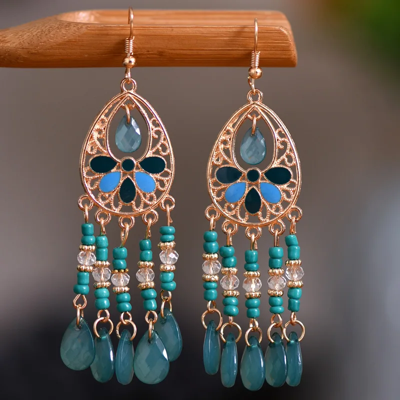 Bohemian Antique Gold Color Long Water Drop Tassel Earrings for Women Vintage Colorful Geometric Drop Dangle Earrings Jewelry