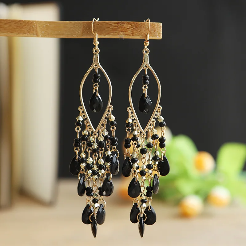 Bohemian Antique Gold Color Long Water Drop Tassel Earrings for Women Vintage Colorful Geometric Drop Dangle Earrings Jewelry