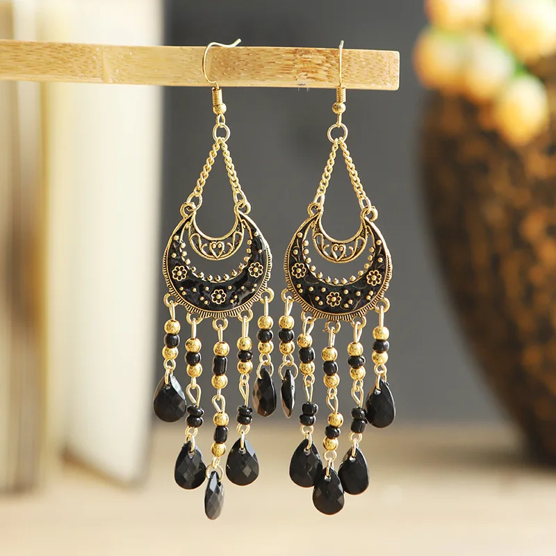 Bohemian Antique Gold Color Long Water Drop Tassel Earrings for Women Vintage Colorful Geometric Drop Dangle Earrings Jewelry