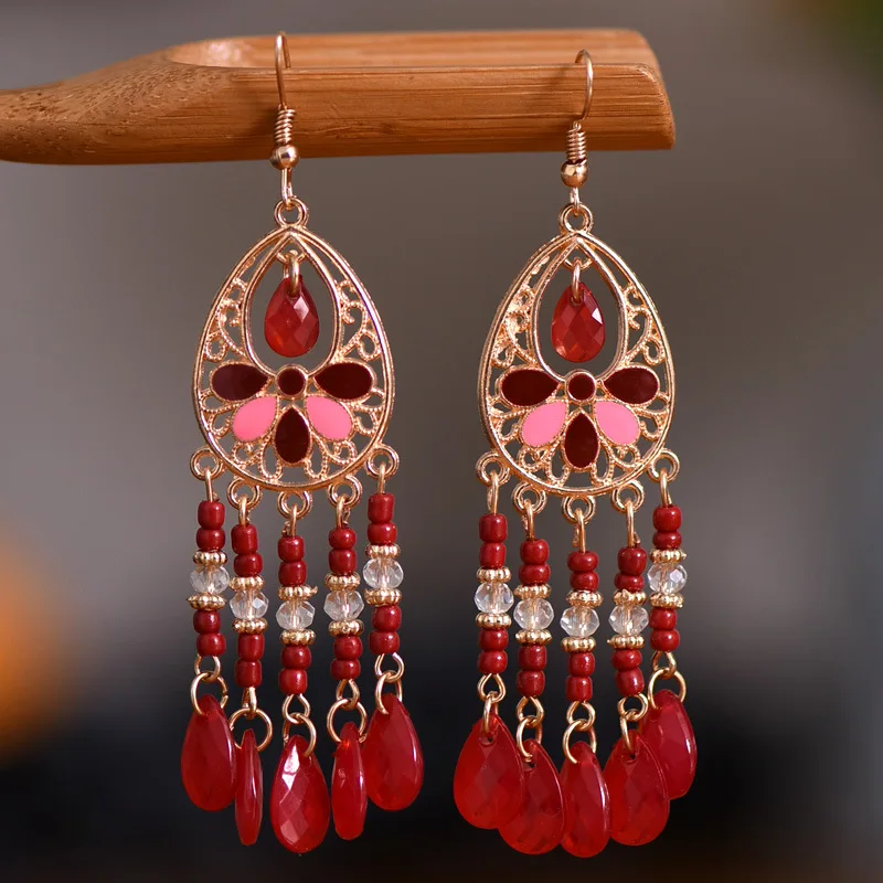 Bohemian Antique Gold Color Long Water Drop Tassel Earrings for Women Vintage Colorful Geometric Drop Dangle Earrings Jewelry