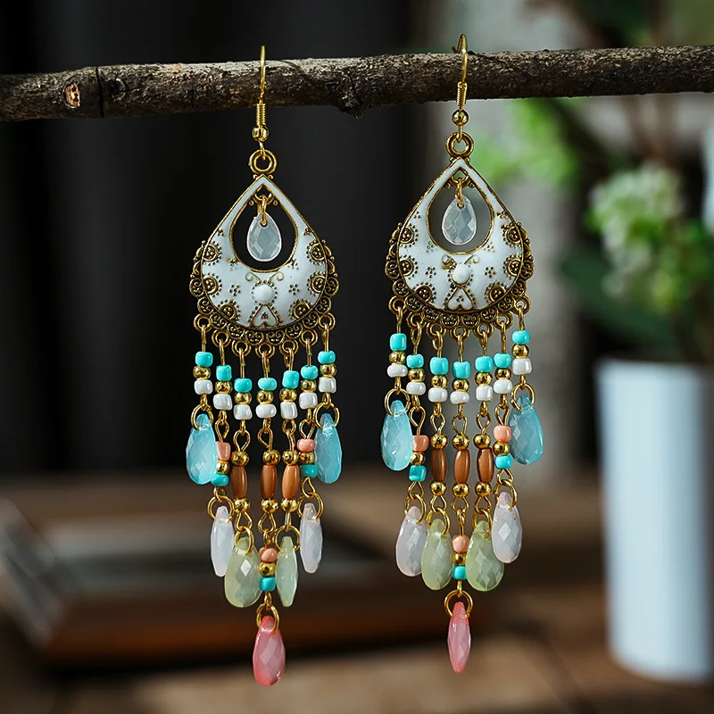 Bohemian Antique Gold Color Long Water Drop Tassel Earrings for Women Vintage Colorful Geometric Drop Dangle Earrings Jewelry