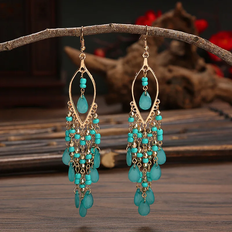 Bohemian Antique Gold Color Long Water Drop Tassel Earrings for Women Vintage Colorful Geometric Drop Dangle Earrings Jewelry