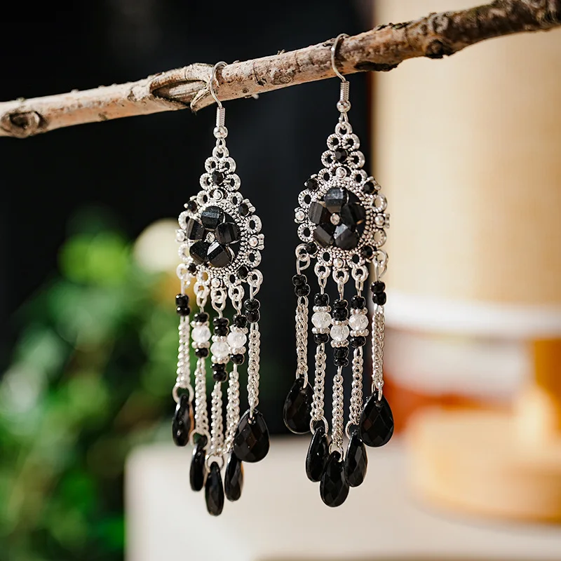 Bohemian Antique Gold Color Long Water Drop Tassel Earrings for Women Vintage Colorful Geometric Drop Dangle Earrings Jewelry