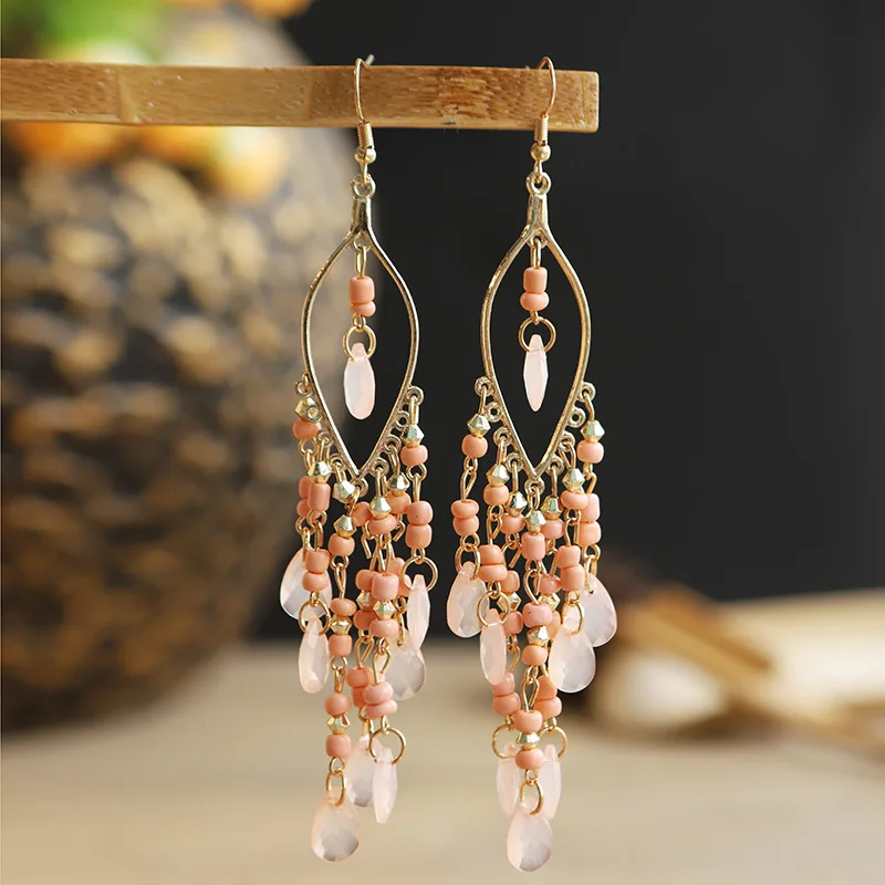 Bohemian Antique Gold Color Long Water Drop Tassel Earrings for Women Vintage Colorful Geometric Drop Dangle Earrings Jewelry