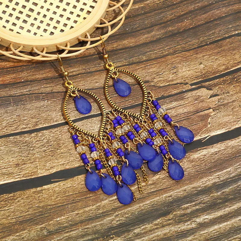 Bohemian Antique Gold Color Long Water Drop Tassel Earrings for Women Vintage Colorful Geometric Drop Dangle Earrings Jewelry