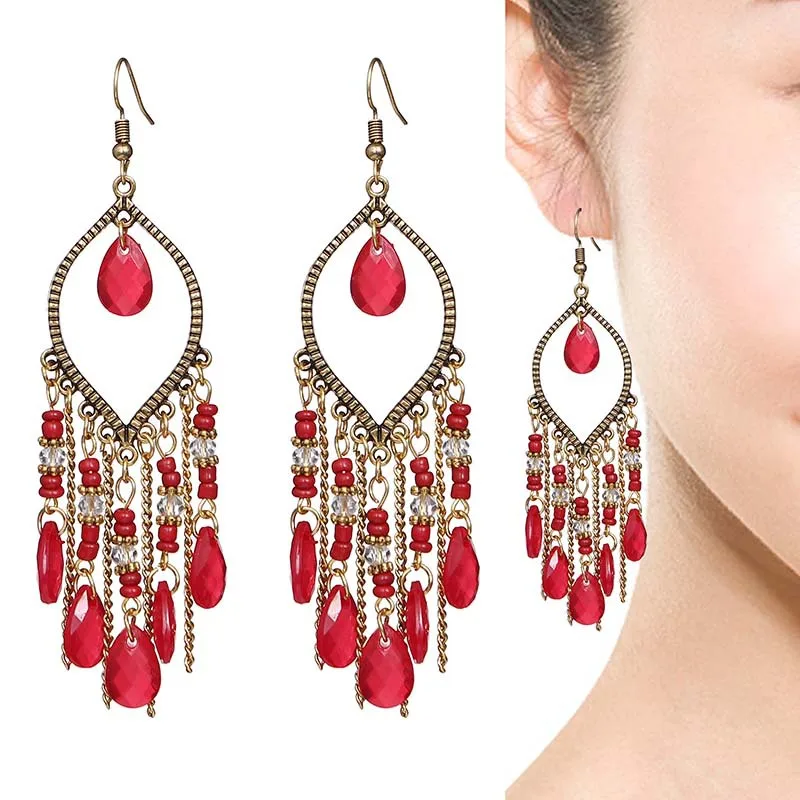 Bohemian Antique Gold Color Long Water Drop Tassel Earrings for Women Vintage Colorful Geometric Drop Dangle Earrings Jewelry