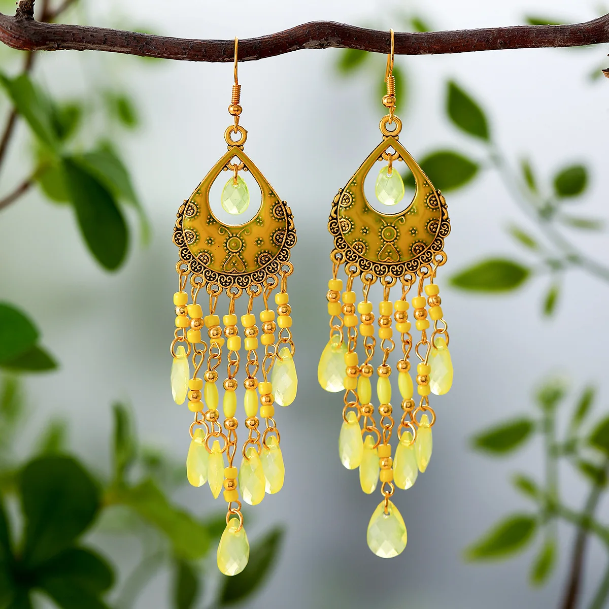 Bohemian Antique Gold Color Long Water Drop Tassel Earrings for Women Vintage Colorful Geometric Drop Dangle Earrings Jewelry