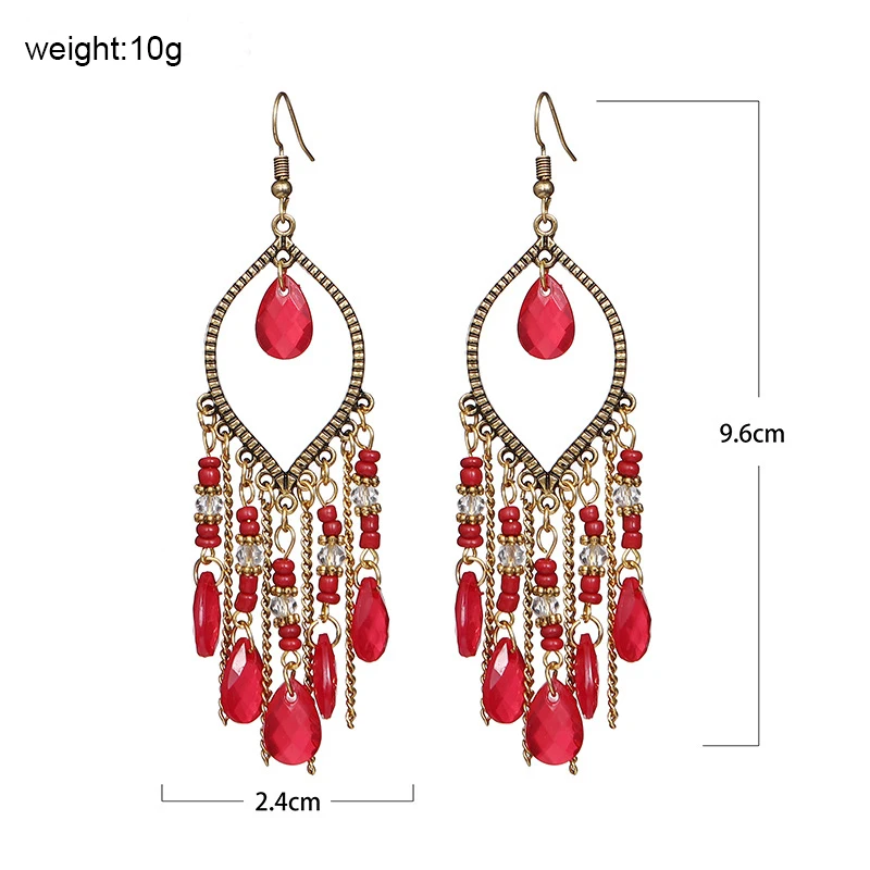Bohemian Antique Gold Color Long Water Drop Tassel Earrings for Women Vintage Colorful Geometric Drop Dangle Earrings Jewelry