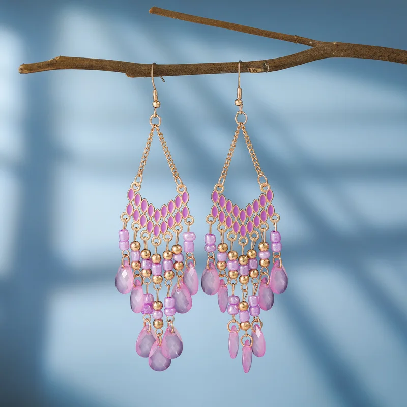 Bohemian Antique Gold Color Long Water Drop Tassel Earrings for Women Vintage Colorful Geometric Drop Dangle Earrings Jewelry