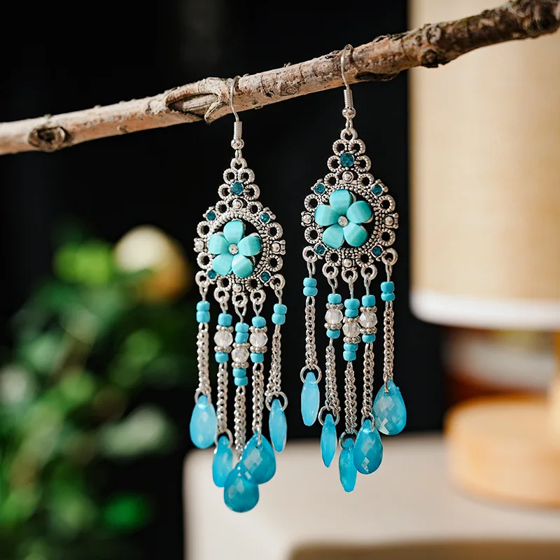 Bohemian Antique Gold Color Long Water Drop Tassel Earrings for Women Vintage Colorful Geometric Drop Dangle Earrings Jewelry