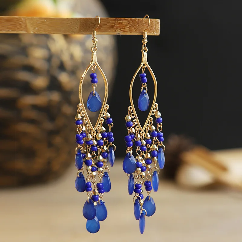 Bohemian Antique Gold Color Long Water Drop Tassel Earrings for Women Vintage Colorful Geometric Drop Dangle Earrings Jewelry