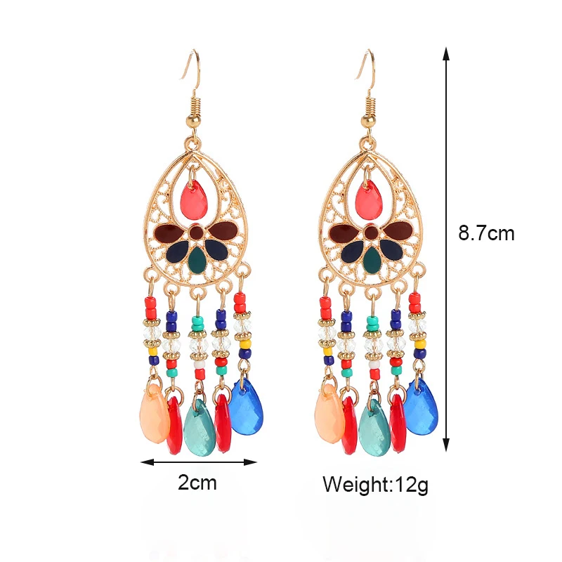 Bohemian Antique Gold Color Long Water Drop Tassel Earrings for Women Vintage Colorful Geometric Drop Dangle Earrings Jewelry