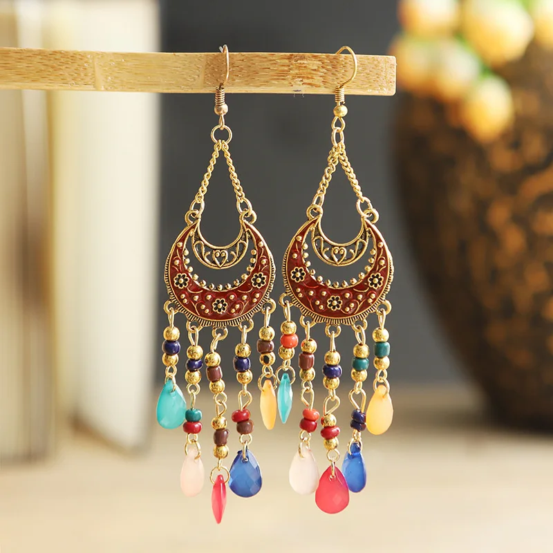 Bohemian Antique Gold Color Long Water Drop Tassel Earrings for Women Vintage Colorful Geometric Drop Dangle Earrings Jewelry