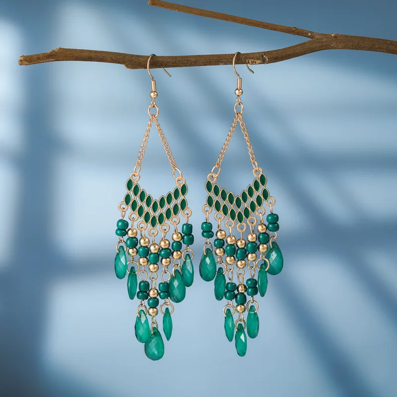 Bohemian Antique Gold Color Long Water Drop Tassel Earrings for Women Vintage Colorful Geometric Drop Dangle Earrings Jewelry