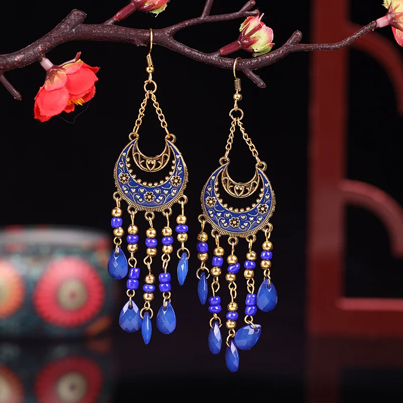 Bohemian Antique Gold Color Long Water Drop Tassel Earrings for Women Vintage Colorful Geometric Drop Dangle Earrings Jewelry
