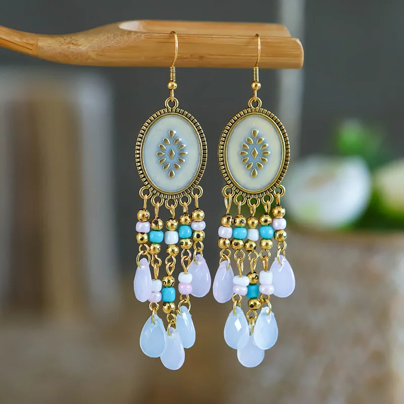 Bohemian Antique Gold Color Long Water Drop Tassel Earrings for Women Vintage Colorful Geometric Drop Dangle Earrings Jewelry