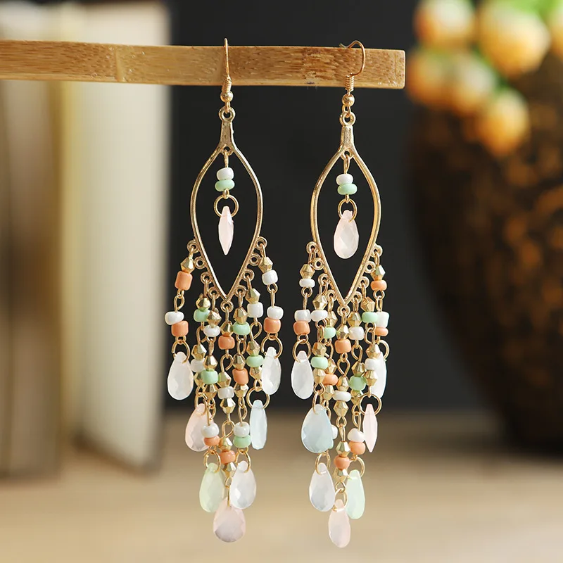 Bohemian Antique Gold Color Long Water Drop Tassel Earrings for Women Vintage Colorful Geometric Drop Dangle Earrings Jewelry