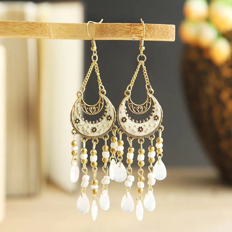 Bohemian Antique Gold Color Long Water Drop Tassel Earrings for Women Vintage Colorful Geometric Drop Dangle Earrings Jewelry
