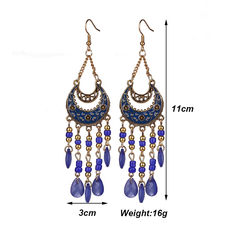 Bohemian Antique Gold Color Long Water Drop Tassel Earrings for Women Vintage Colorful Geometric Drop Dangle Earrings Jewelry