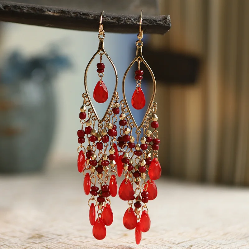 Bohemian Antique Gold Color Long Water Drop Tassel Earrings for Women Vintage Colorful Geometric Drop Dangle Earrings Jewelry