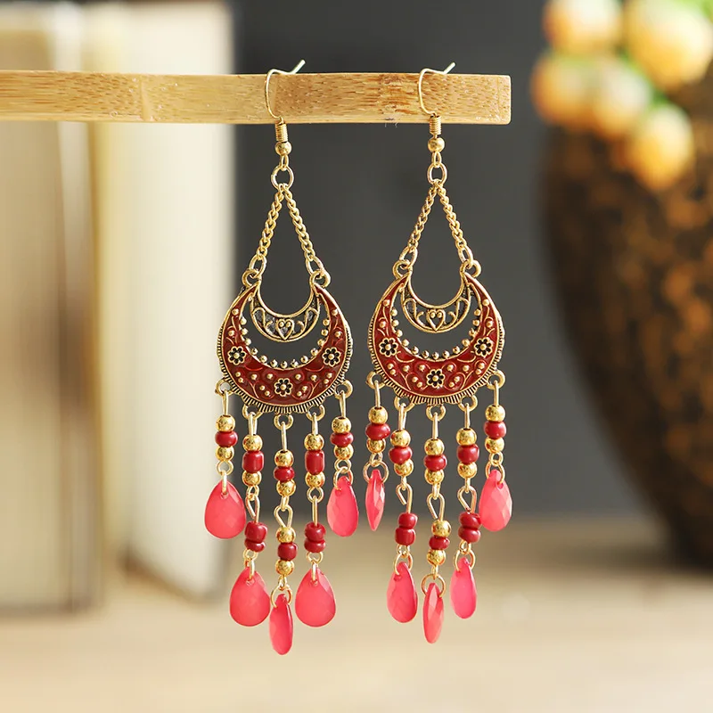 Bohemian Antique Gold Color Long Water Drop Tassel Earrings for Women Vintage Colorful Geometric Drop Dangle Earrings Jewelry