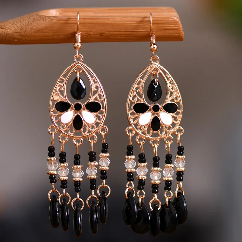 Bohemian Antique Gold Color Long Water Drop Tassel Earrings for Women Vintage Colorful Geometric Drop Dangle Earrings Jewelry