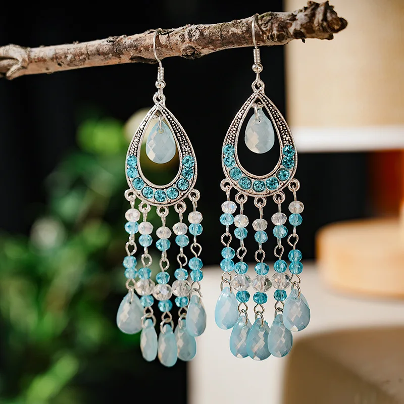 Bohemian Antique Gold Color Long Water Drop Tassel Earrings for Women Vintage Colorful Geometric Drop Dangle Earrings Jewelry