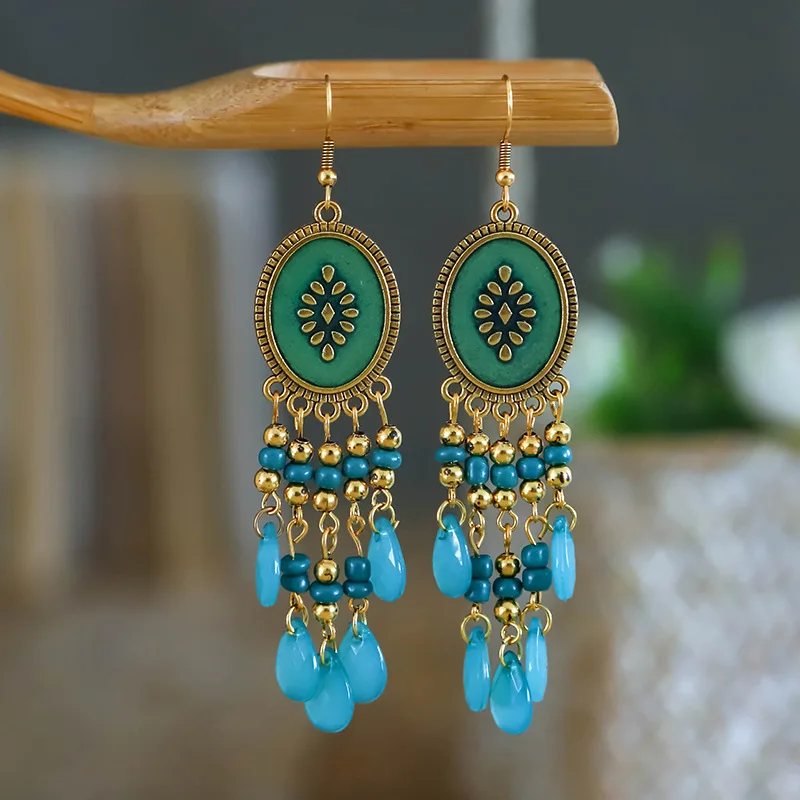 Bohemian Antique Gold Color Long Water Drop Tassel Earrings for Women Vintage Colorful Geometric Drop Dangle Earrings Jewelry