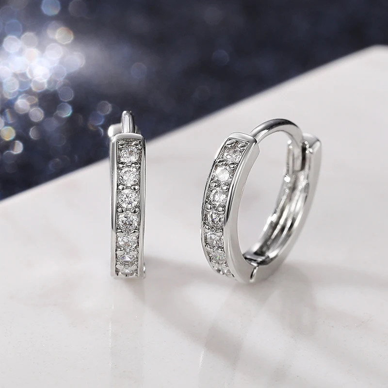 Huitan Luxury Silver Color Women Hoop Earrings Small Circle Dazzling CZ Delicate Female Party Earring Daily Wear Classic Jewelry