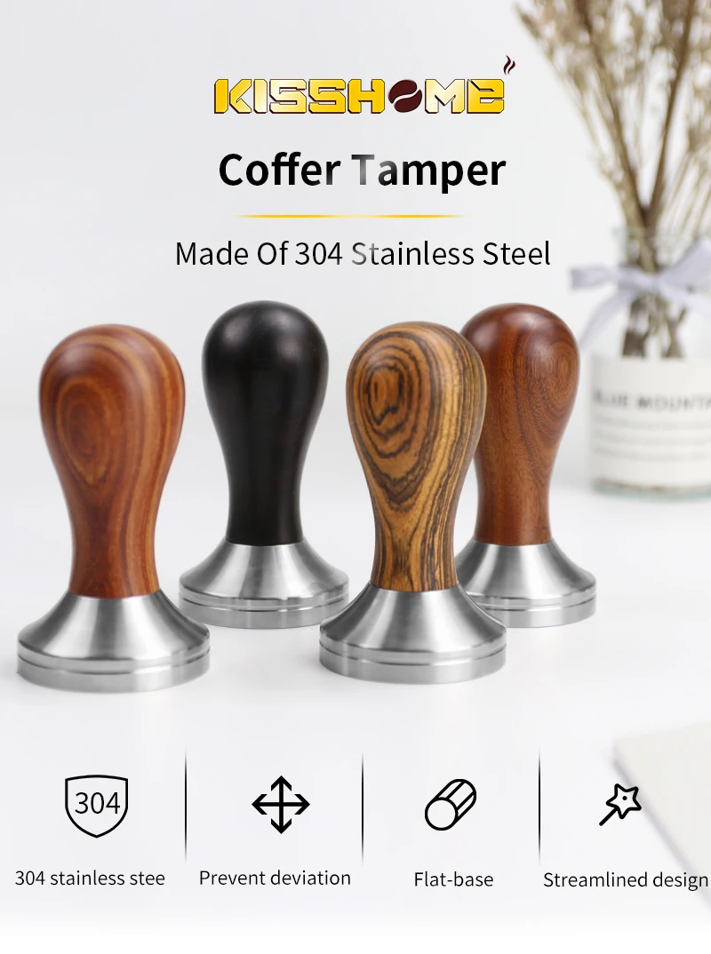 Coffee Tamper 41mm 49mm 51mm 53mm 57.5mm 58.35mm Wooden Handle Stainless Steel Delonghi Breville Barista Espresso Accessories
