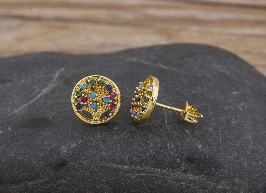 Fashion Female Luxury Crystal Round Stud Earrings Vintage Gold Color Wedding Party Jewelry Copper Zircon Crystal Stone Earrings
