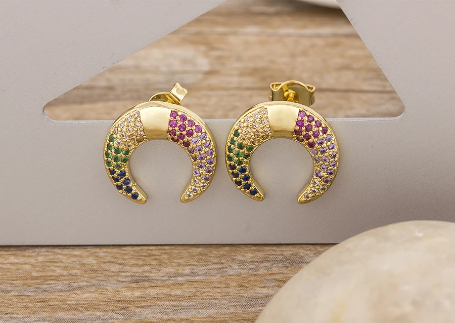 Fashion Female Luxury Crystal Round Stud Earrings Vintage Gold Color Wedding Party Jewelry Copper Zircon Crystal Stone Earrings