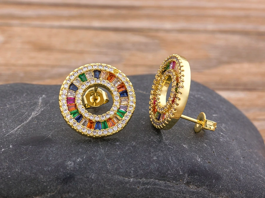 Fashion Female Luxury Crystal Round Stud Earrings Vintage Gold Color Wedding Party Jewelry Copper Zircon Crystal Stone Earrings