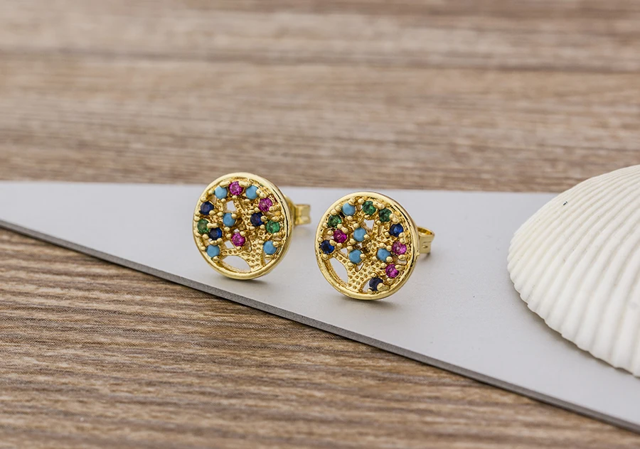 Fashion Female Luxury Crystal Round Stud Earrings Vintage Gold Color Wedding Party Jewelry Copper Zircon Crystal Stone Earrings