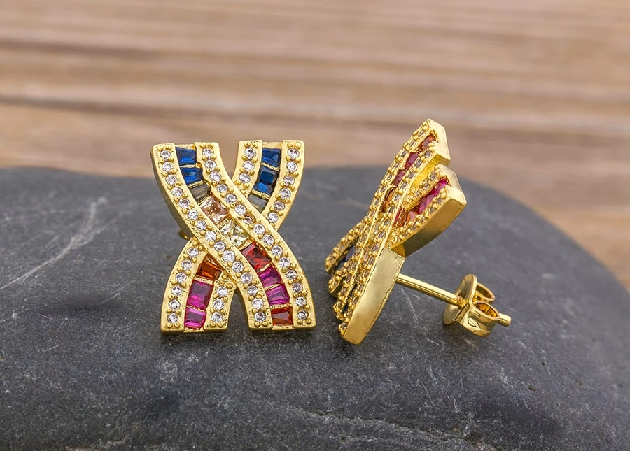 Fashion Female Luxury Crystal Round Stud Earrings Vintage Gold Color Wedding Party Jewelry Copper Zircon Crystal Stone Earrings