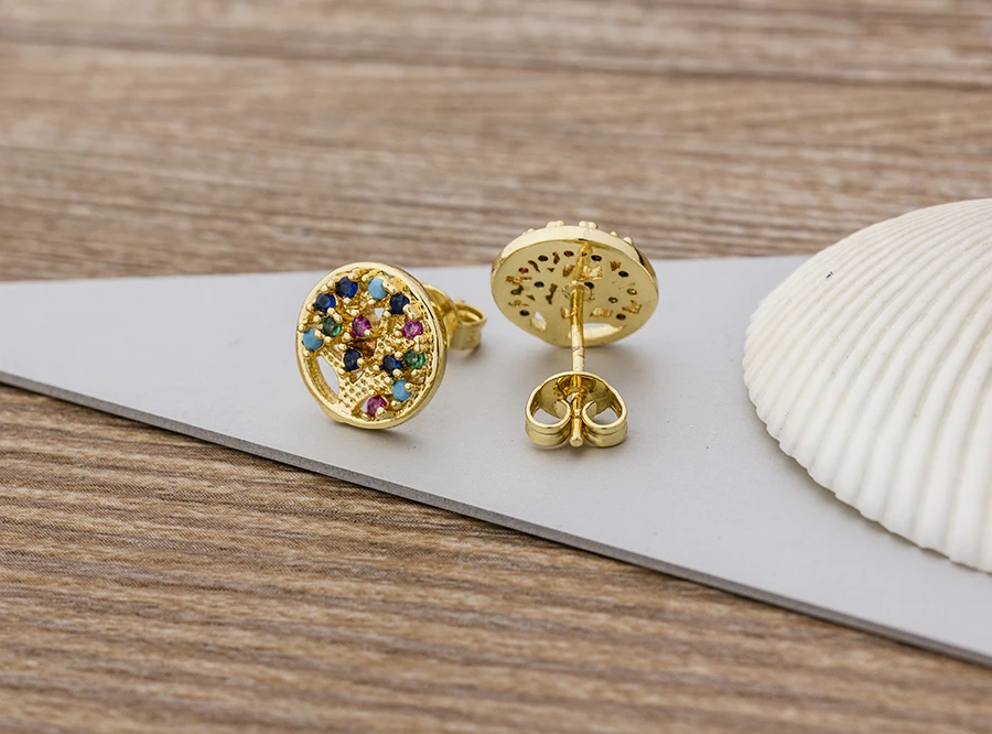 Fashion Female Luxury Crystal Round Stud Earrings Vintage Gold Color Wedding Party Jewelry Copper Zircon Crystal Stone Earrings