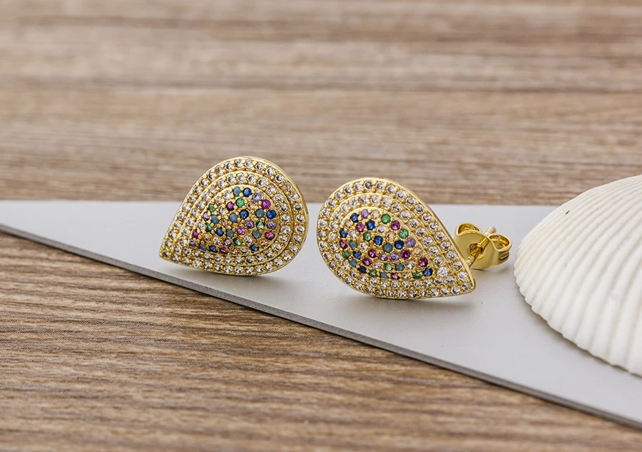 Fashion Female Luxury Crystal Round Stud Earrings Vintage Gold Color Wedding Party Jewelry Copper Zircon Crystal Stone Earrings