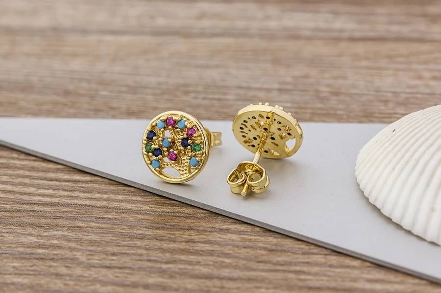 Fashion Female Luxury Crystal Round Stud Earrings Vintage Gold Color Wedding Party Jewelry Copper Zircon Crystal Stone Earrings