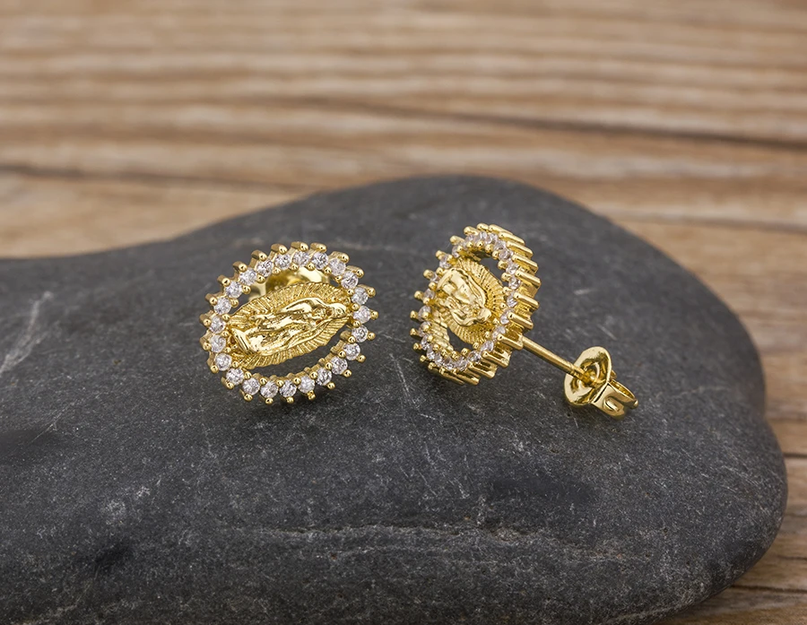 Fashion Female Luxury Crystal Round Stud Earrings Vintage Gold Color Wedding Party Jewelry Copper Zircon Crystal Stone Earrings