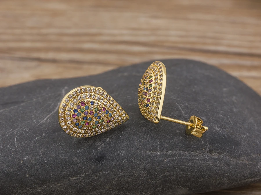 Fashion Female Luxury Crystal Round Stud Earrings Vintage Gold Color Wedding Party Jewelry Copper Zircon Crystal Stone Earrings