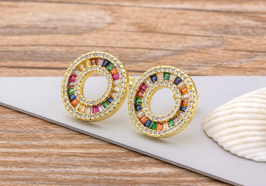 Fashion Female Luxury Crystal Round Stud Earrings Vintage Gold Color Wedding Party Jewelry Copper Zircon Crystal Stone Earrings