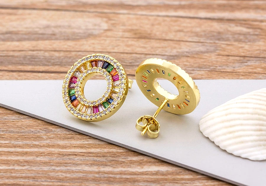 Fashion Female Luxury Crystal Round Stud Earrings Vintage Gold Color Wedding Party Jewelry Copper Zircon Crystal Stone Earrings