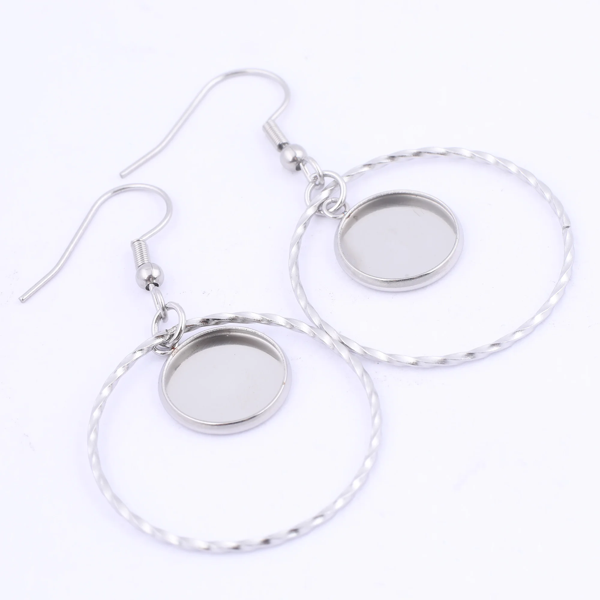 10pcs Stainless Steel charm Hoop Earring Base Blanks 12mm Cabochon Setting Bezels Diy Ear Hooks Findings