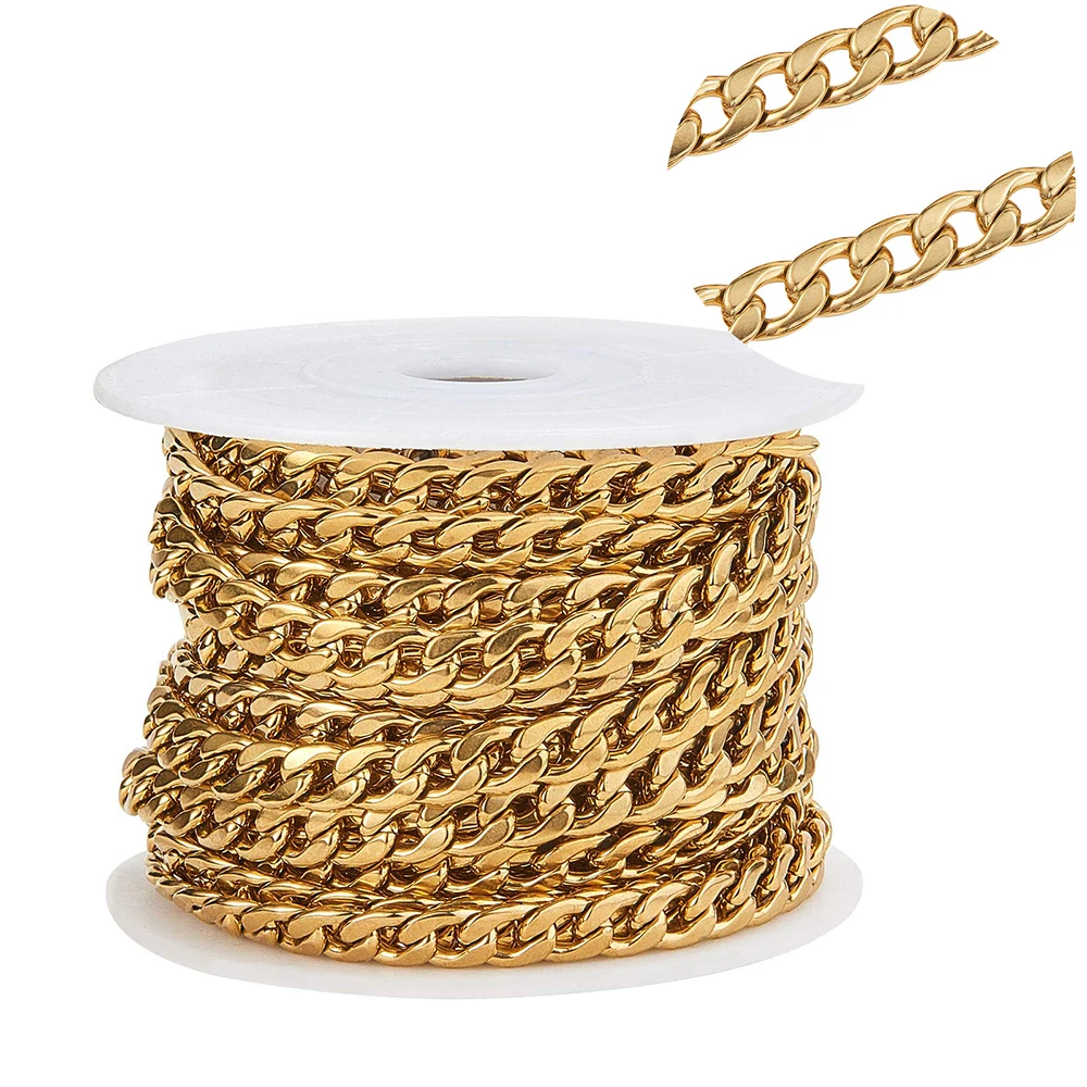1 Meter/lot Gold Color Flat Curb Chain Necklace 3mm-9.5mm Stainless Steel Curb Link Chain for DIY Jewelry Making Bulk Chain